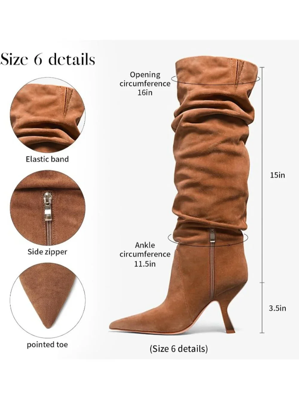 Women's Brown Slouch Knee High Boots Kitten Heel Side Zipper Knee-High Shaft